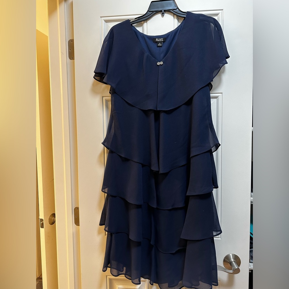 Navy ruffle layer dress by SLNY, size 14